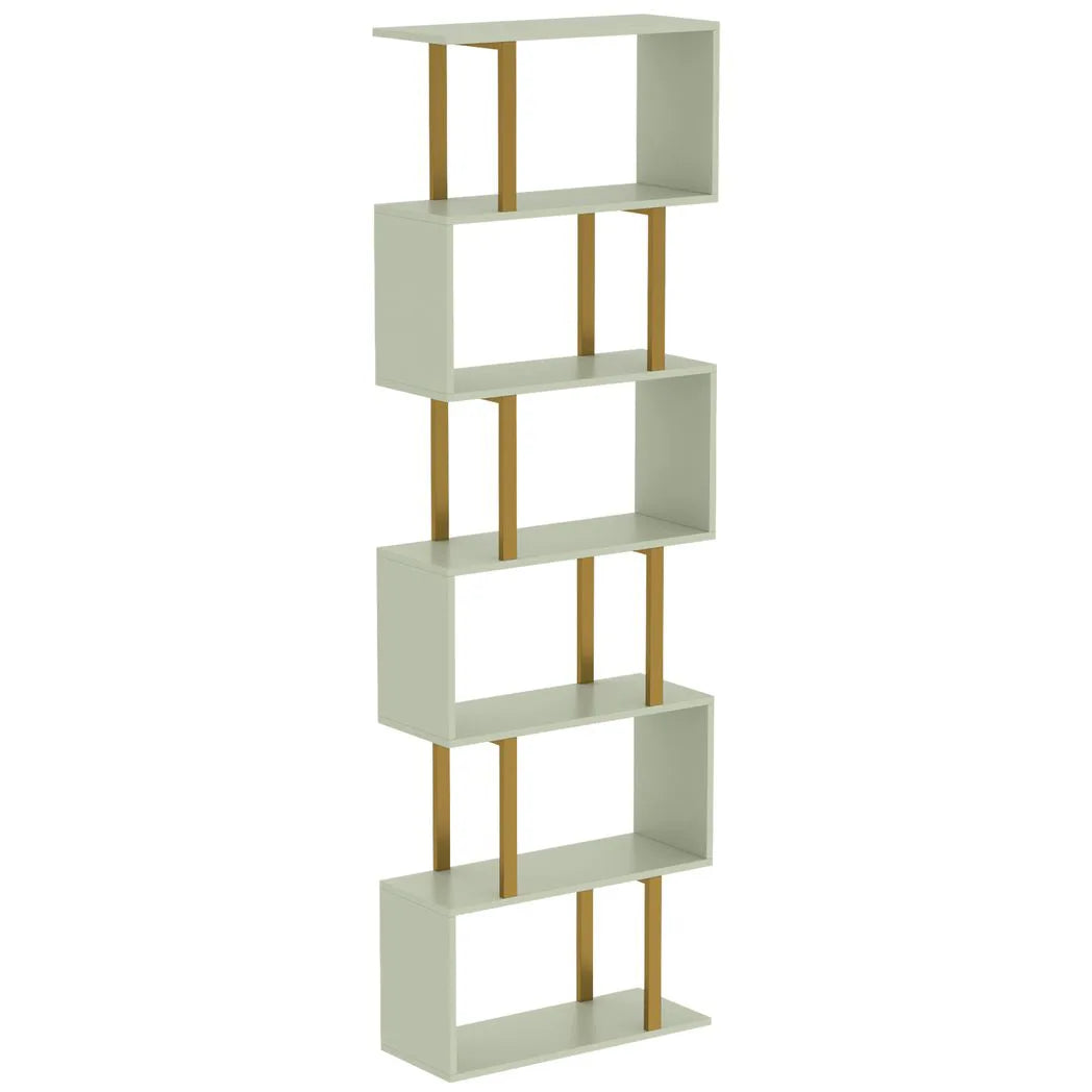 HOMCOM S-Shaped 6-Tier Bookshelf with Anti-Tip Strap – Freestanding Open Display Shelves for Living Room, Light Green