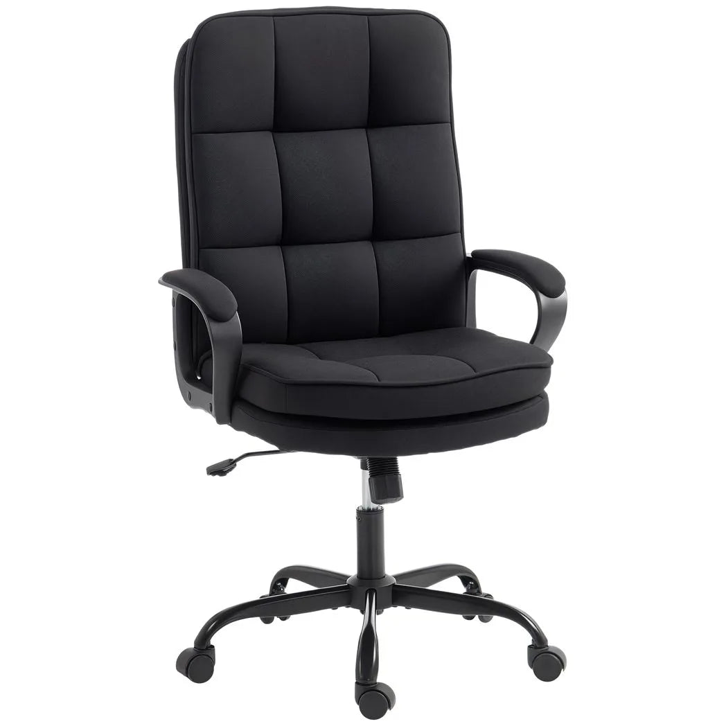 HOMCOM Double Padded Office Chair, Linen-Look Fabric, 60cm High Back, Height Adjustable and Rocking – Black