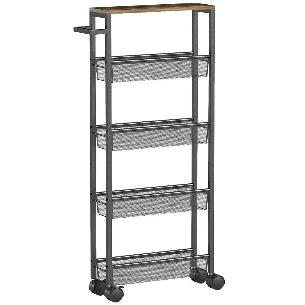 HOMCOM Slim 5-Tier Storage Trolley with Wood-Effect Top, 4 Mesh Baskets and Swivel Wheels – Kitchen Cart, Black
