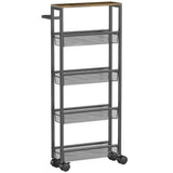 HOMCOM Slim 5-Tier Storage Trolley with Wood-Effect Top, 4 Mesh Baskets and Swivel Wheels – Kitchen Cart, Black