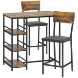 HOMCOM Three-Piece Compact Bar Table Set with 2 PU Leather Chairs and Side Shelves – Brown/Black