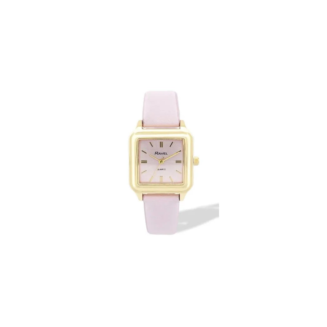 Ravel Ladies Summertime Square Gold-Tone Watch with Pink Faux Leather Strap, 28mm