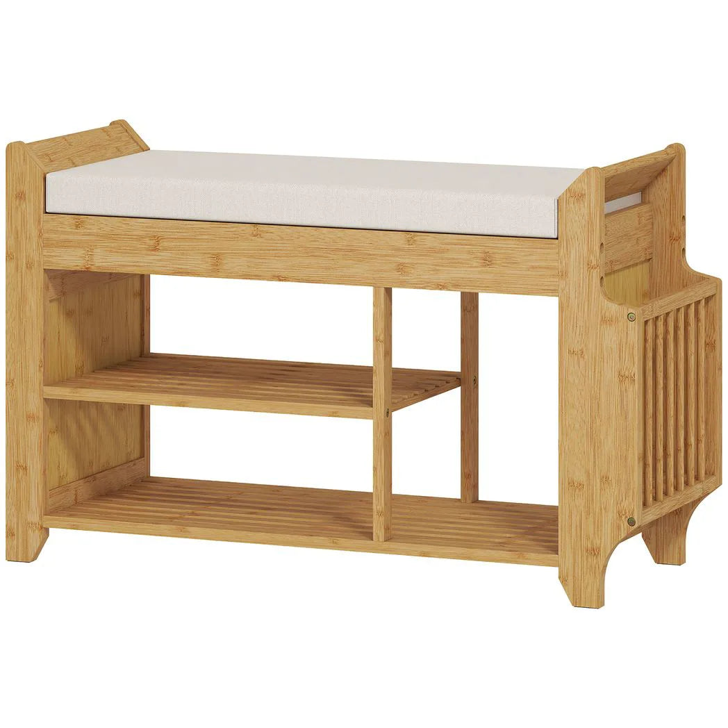 HOMCOM Bamboo Shoe Bench with Boot Section & Cushioned Seat, 80 x 30 x 50 cm – Natural & Cream