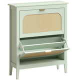 HOMCOM Boho Slim Shoe Cabinet with 2 Flip Drawers and Rattan-Accent Doors – Holds 14 Pairs, Light Green