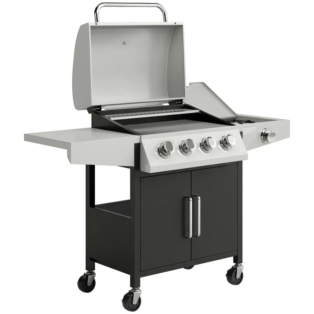 Outsunny 4 Burner Gas BBQ Grill with Side Burner, Lid & Built-in Thermometer – Portable Steel Propane Barbecue on Wheels