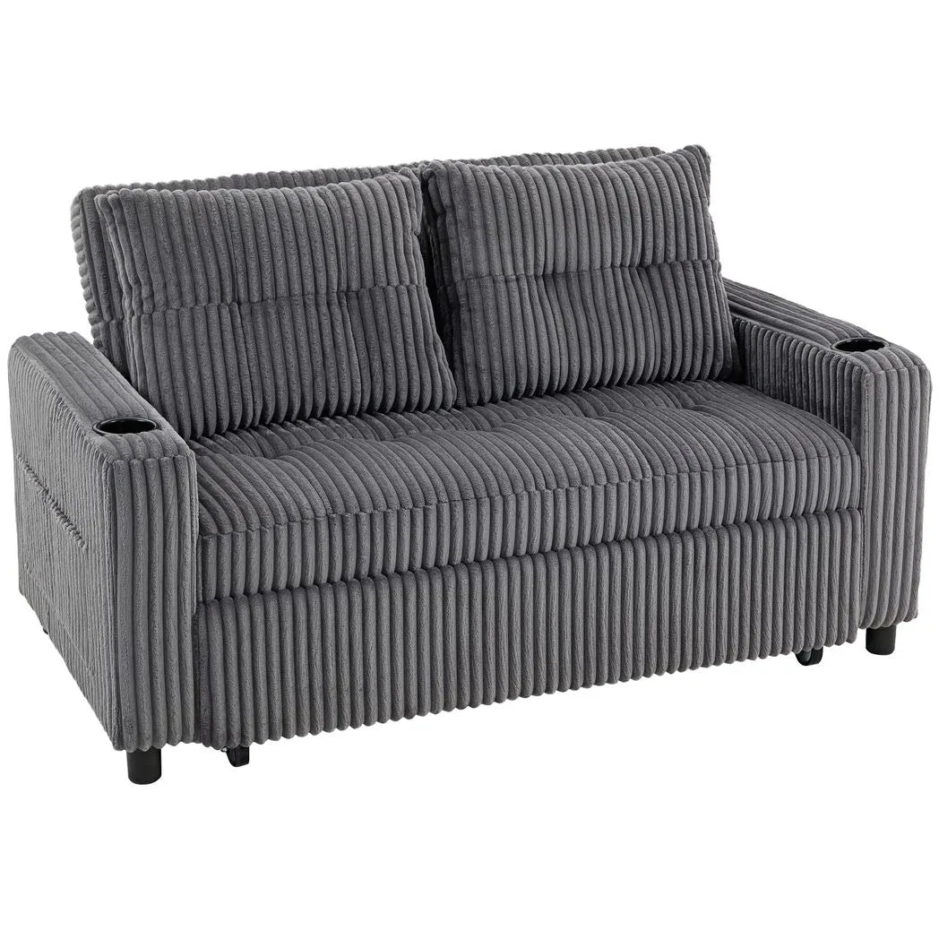 HOMCOM 2 Seater Click Clack Sofa Bed with Pull-Out Design & Cup Holders – Corduroy Upholstery, Charcoal Grey