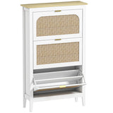 HOMCOM Boho Slim Shoe Cabinet with 3 Flip Drawers and Rattan Doors – Holds 21 Pairs, White