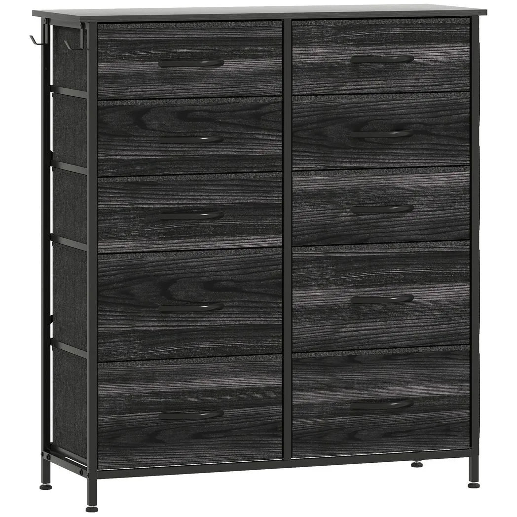 HOMCOM Ten Fabric Drawer Chest with Steel Frame, Pockets and Anti-Tipping Kit – Bedroom Storage, Black