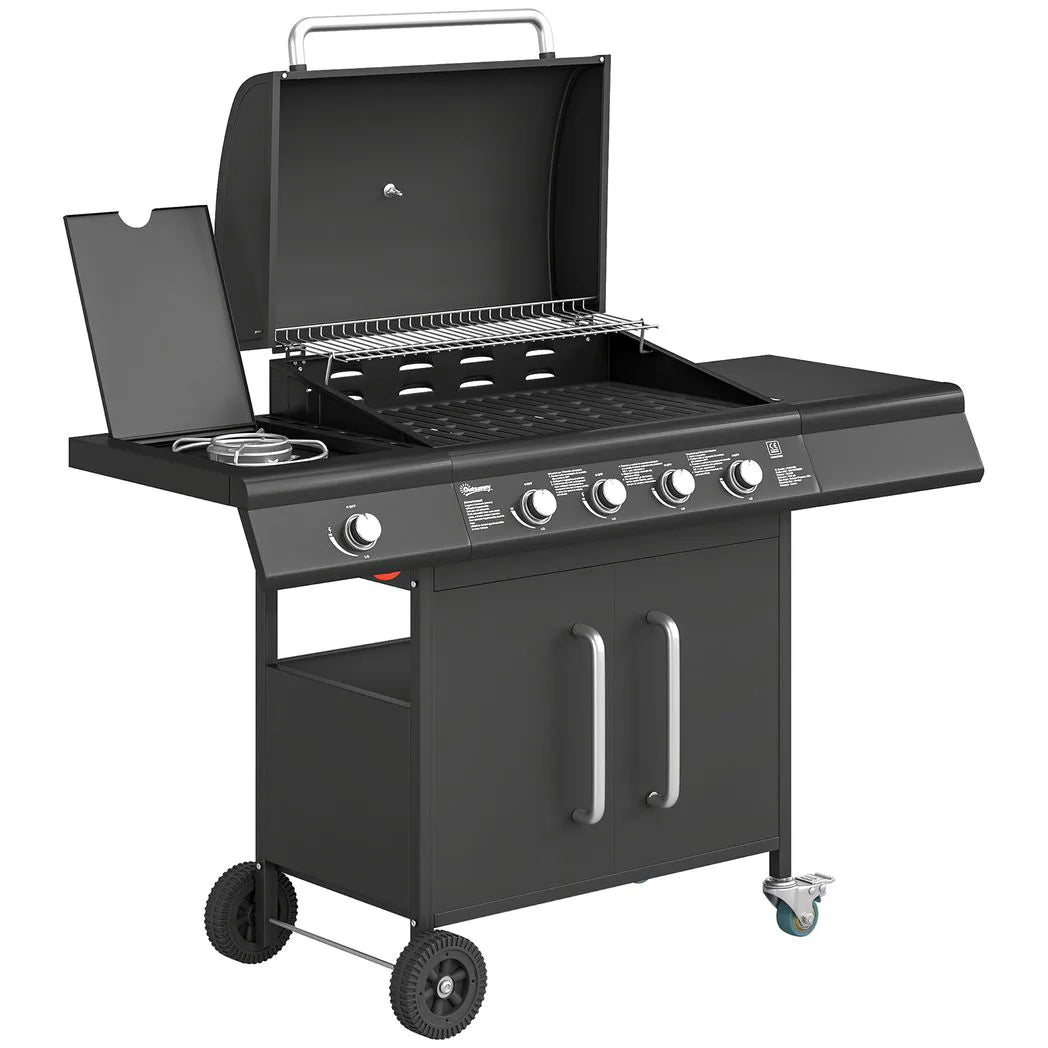 Outsunny 4 Burner Gas BBQ Grill with Storage Cabinet, 15.2 kW, Side Table & Warming Rack – Propane Barbecue Trolley on Wheels