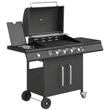 Outsunny 4 Burner Gas BBQ Grill with Storage Cabinet, 15.2 kW, Side Table & Warming Rack – Propane Barbecue Trolley on Wheels