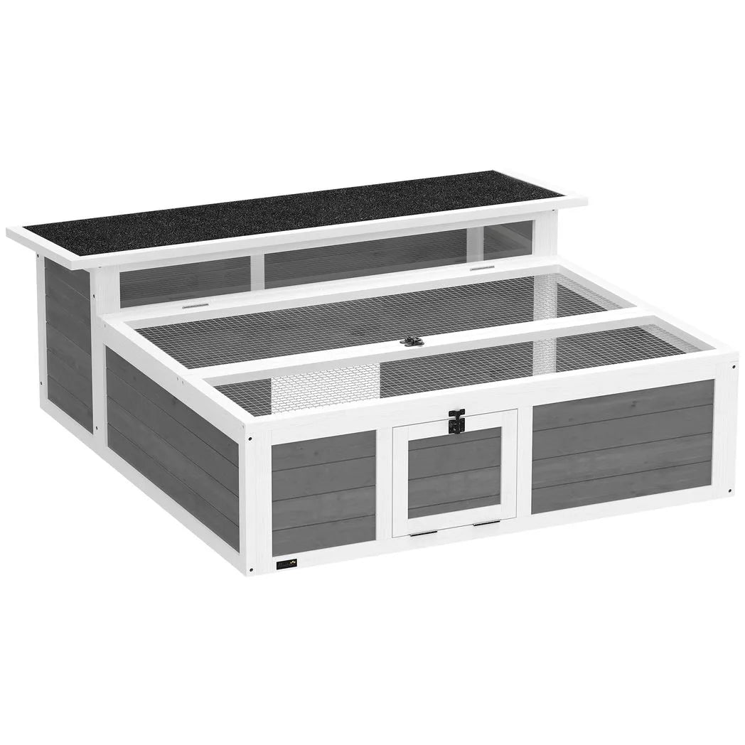 PawHut Wooden Tortoise House with Run, Observation Window and Top Opening – Outdoor Small Pet Enclosure
