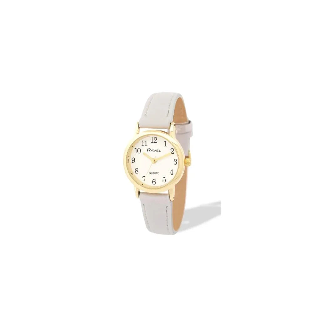 Ravel Ladies Classic Watch – Small Gold-Tone Case, White Dial, Grey Leather Strap, R0137.33.2