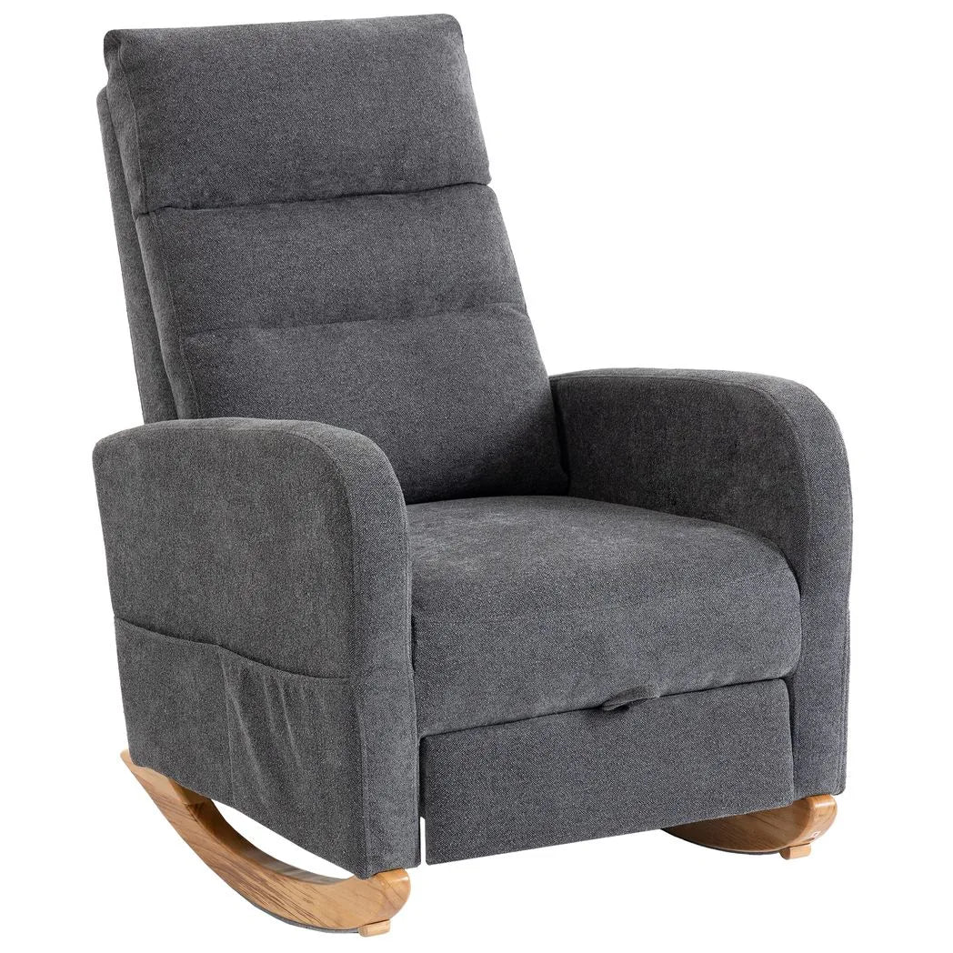 HOMCOM Upholstered Rocking Chair with Retractable Footrest and High Back – Living Room Rocker, Grey