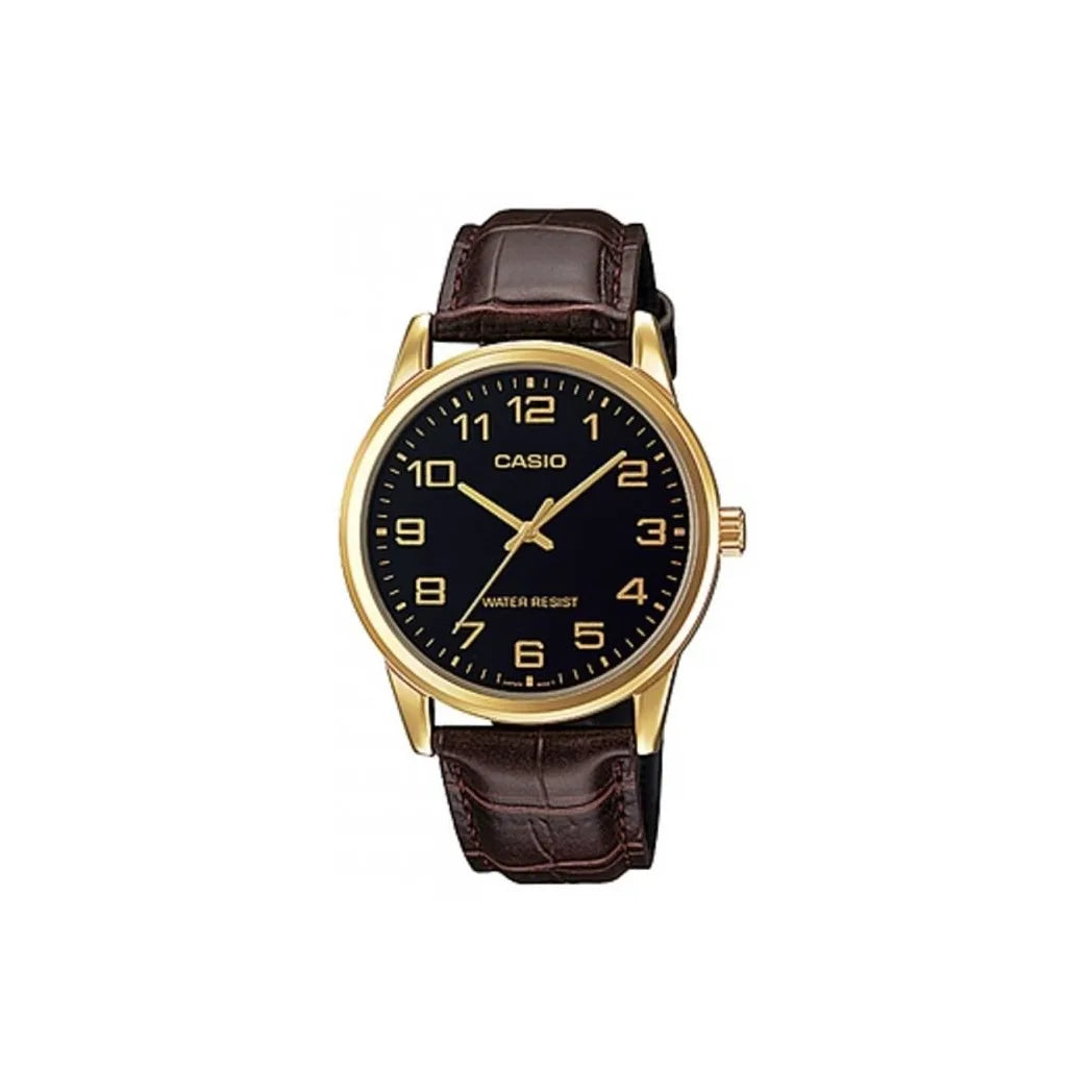 Casio Men's Analogue Watch with Black Dial and Brown Leather Strap, 42mm, MTP-V001GL-1BUDF