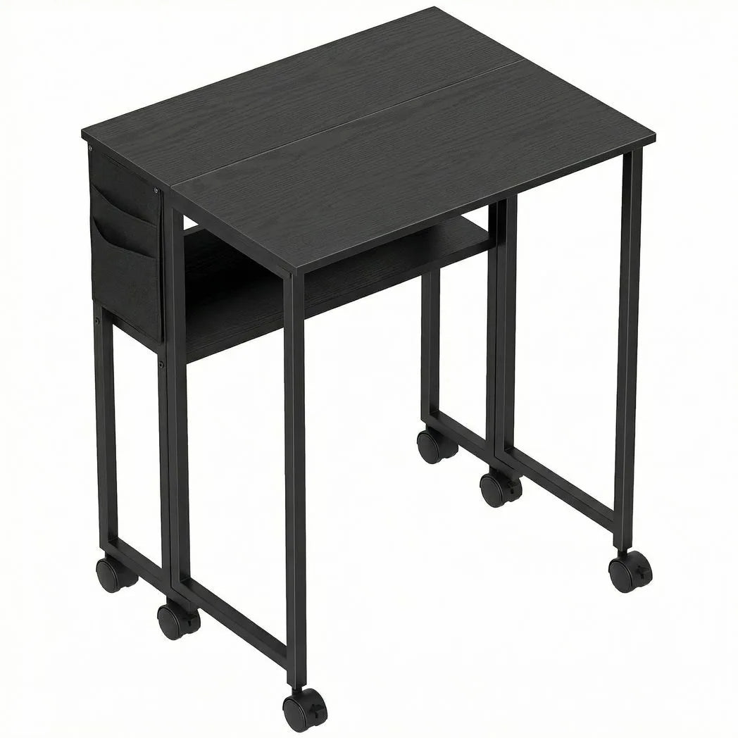 HOMCOM Drop Leaf Writing Desk with Lower Shelf and Wheels – Compact Folding Home Office Table, Black