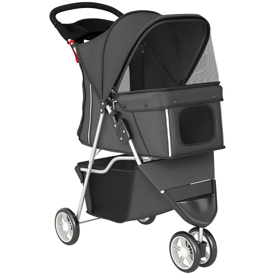 PawHut 3 Wheel Foldable Dog Stroller with Adjustable Canopy & Storage Basket, up to 10 kg – Pet Pram, Dark Grey