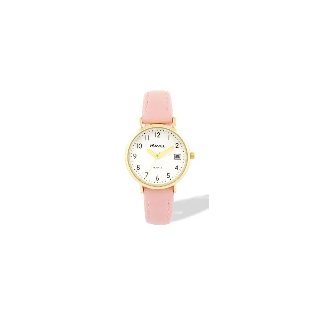 Ravel Ladies Gold-Tone Dated Watch with White Dial and Pink Faux Leather Strap