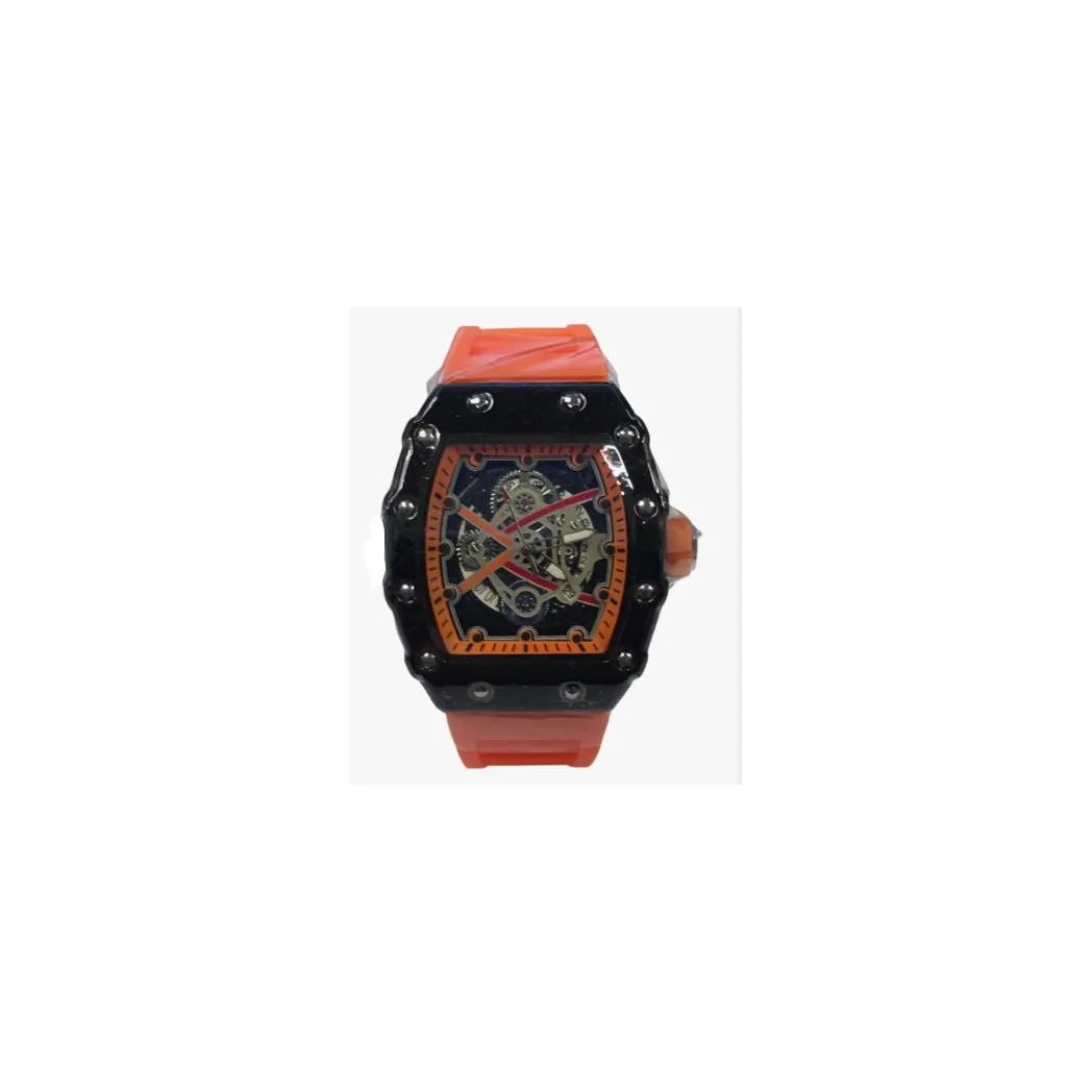 Longbo Gents Quartz Watch with Skeleton Clear Dial & Orange Rubber Strap – Black Fashion Wristwatch