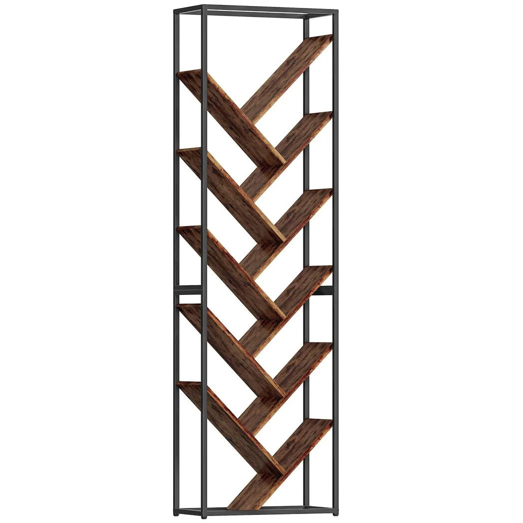HOMCOM 10-Shelf Industrial-Style Tree Bookshelf with Metal Frame and Anti-Tipping Straps – Black/Brown