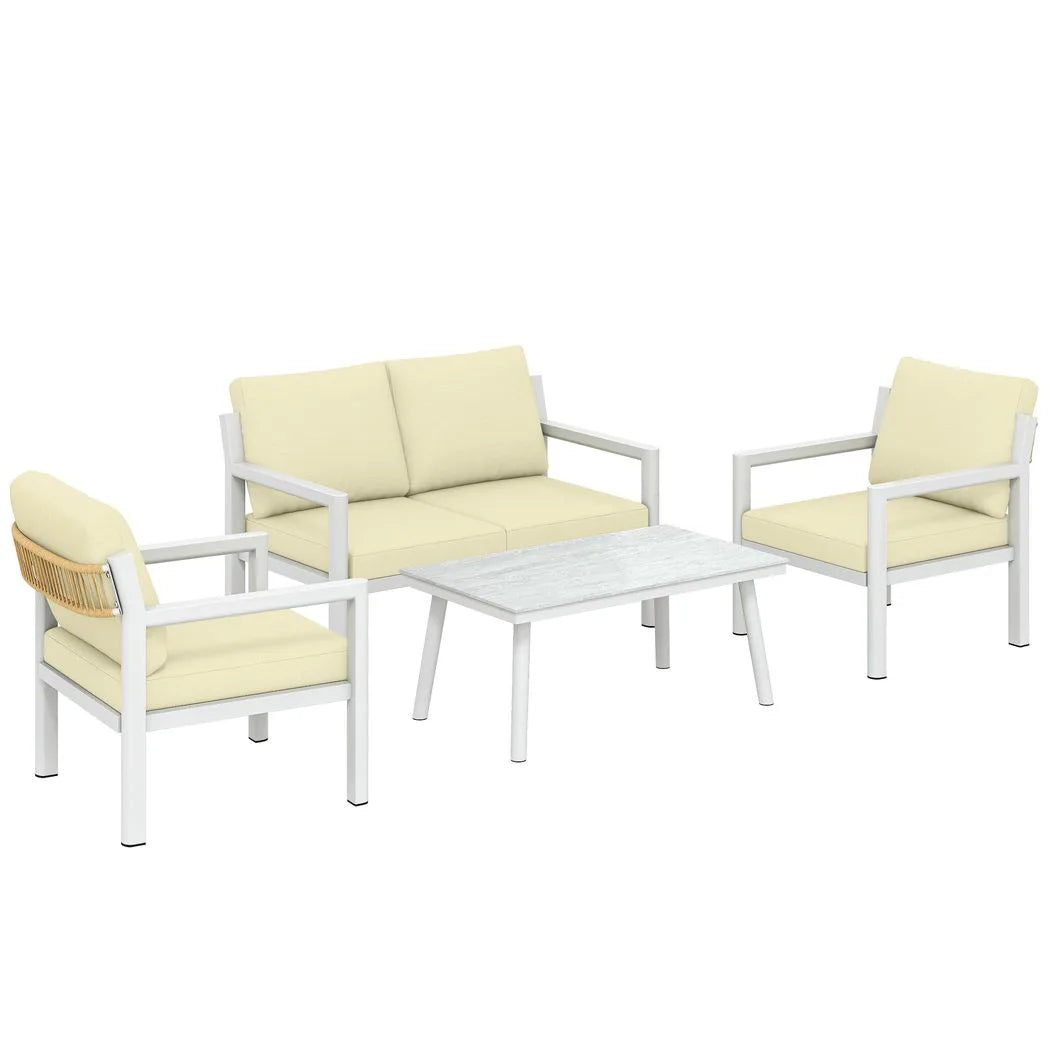 Outsunny 4-Seater Rattan Garden Furniture Set with 2 Armchairs, Loveseat, Coffee Table and Cushions – Beige