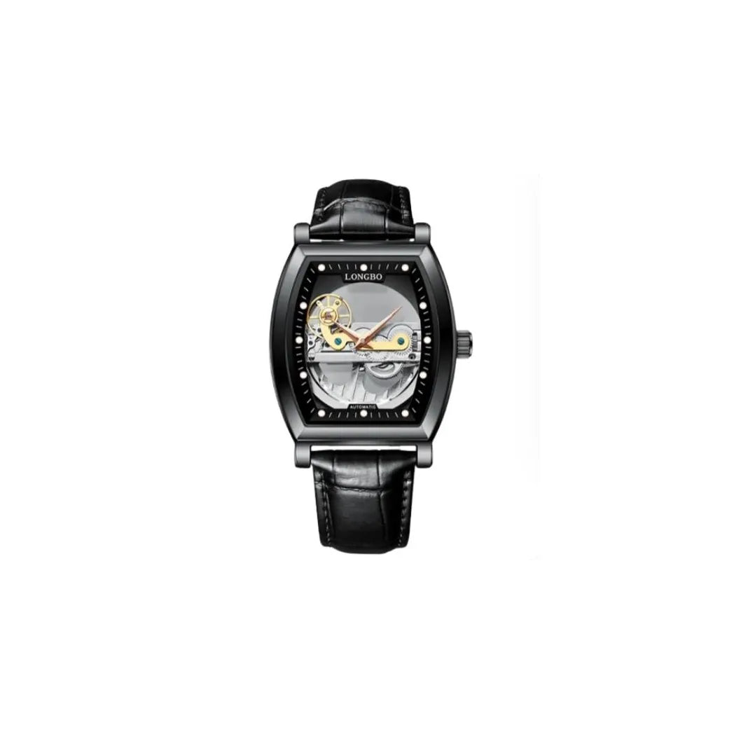 NY London Mens Automatic Hollow mechanical Dial Analogue Silver/Black Leather Strap Watch