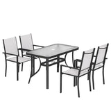 Outsunny 5 Piece Garden Dining Set for 4 – Rectangular Glass-Top Table with Parasol Hole & Stackable Chairs, Light Grey