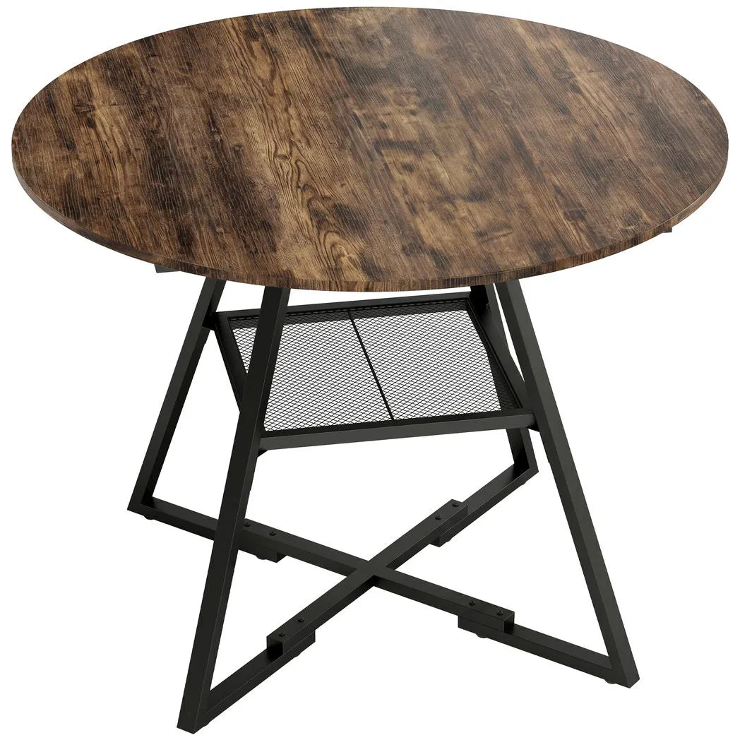 HOMCOM Round Dining Table for 4 with Storage Shelf, 100 cm Industrial Kitchen Table – Metal Z-Legs, Rustic Brown