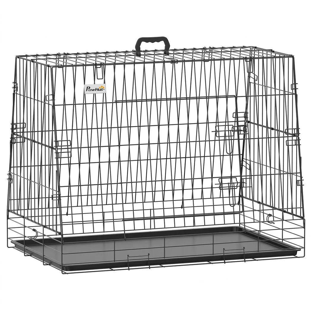 PawHut 90 cm Collapsible Slanted Car Dog Crate with Tray – Foldable Travel Cage for Medium to Large Dogs