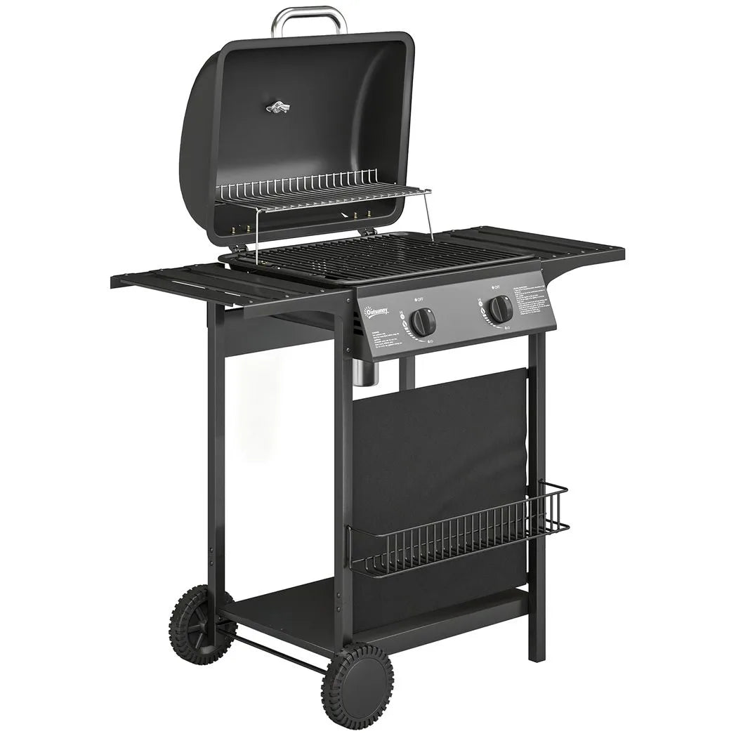 Outsunny 2-Burner Gas BBQ Grill – 2 x 2.5kW Burners with Side Tables, Warming Rack, Thermometer and Grease Tray, Black