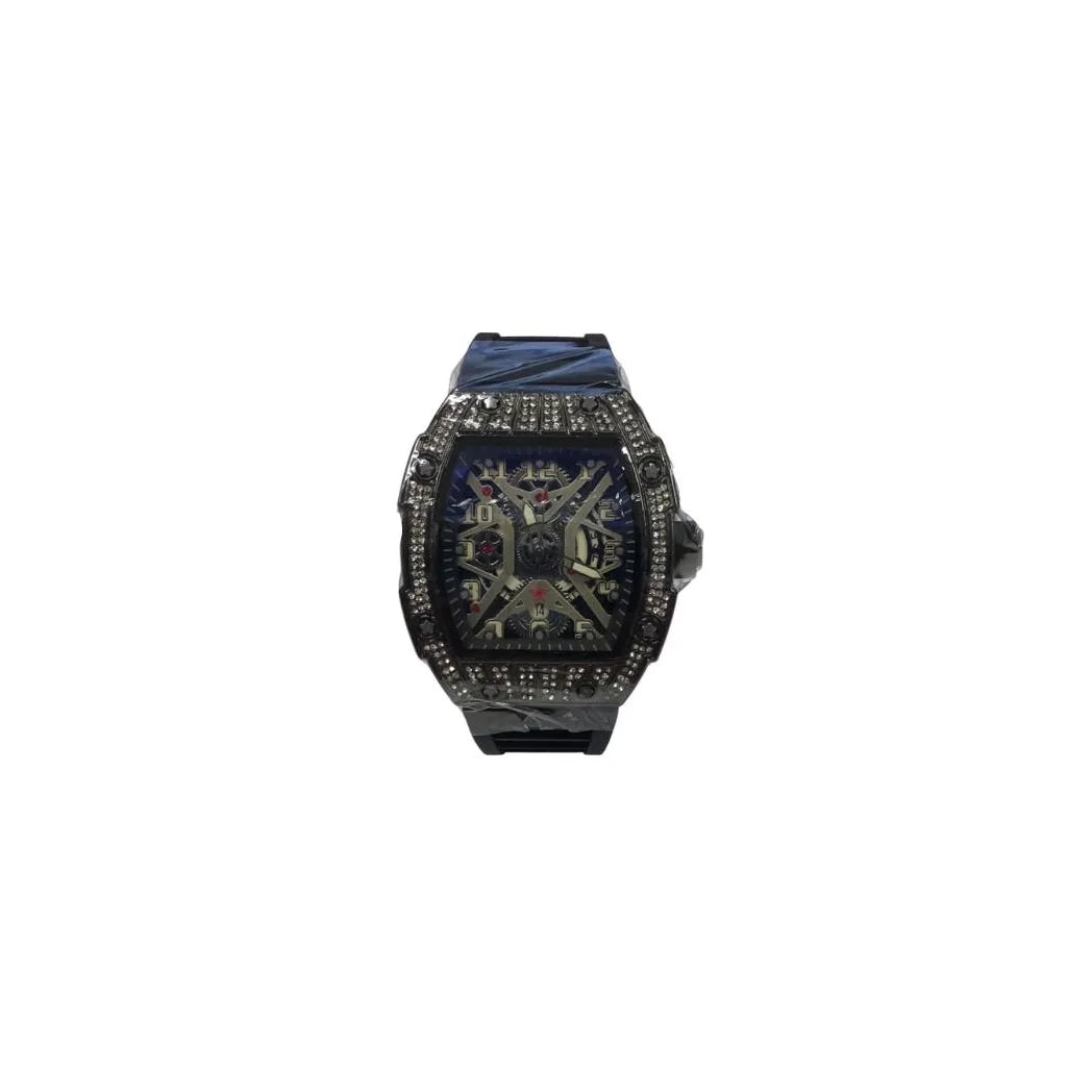 Longbo Gents Quartz Watch with Skeleton Clear Dial & Black Rubber Strap – Black Fashion Wristwatch