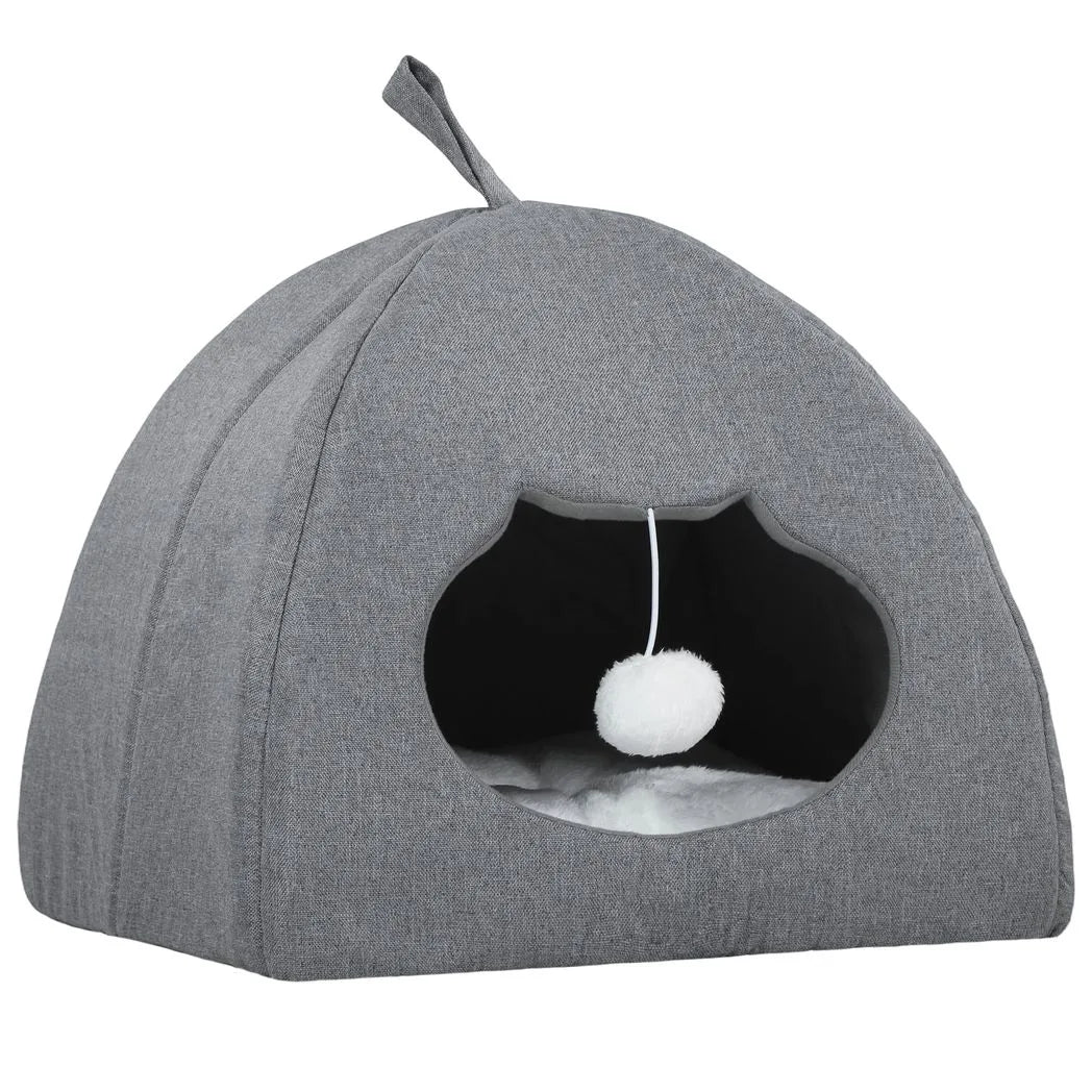 PawHut Cat Cave Bed with Reversible Cushion, Teaser Ball & Anti-Slip Base – Indoor Kitten Igloo House, Grey