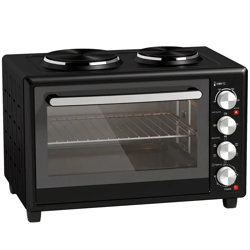 HOMCOM 46L Mini Oven with Dual Hot Plates and Convection – Electric Countertop Cooker with Rotisserie, 90–230°C