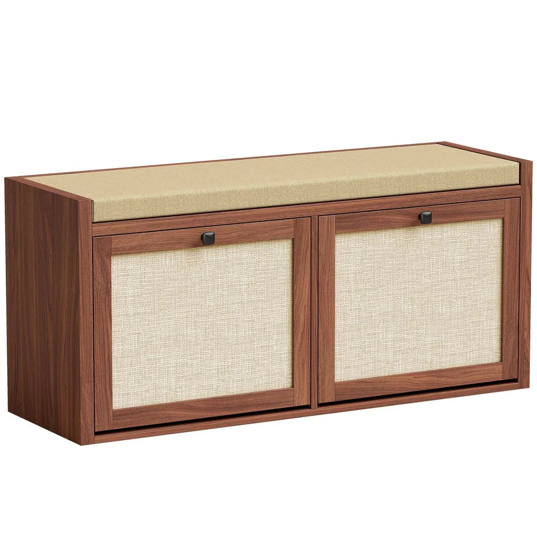 HOMCOM Rattan Shoe Bench with Padded Cushion and 2 Storage Cabinets – Brown, 108 cm