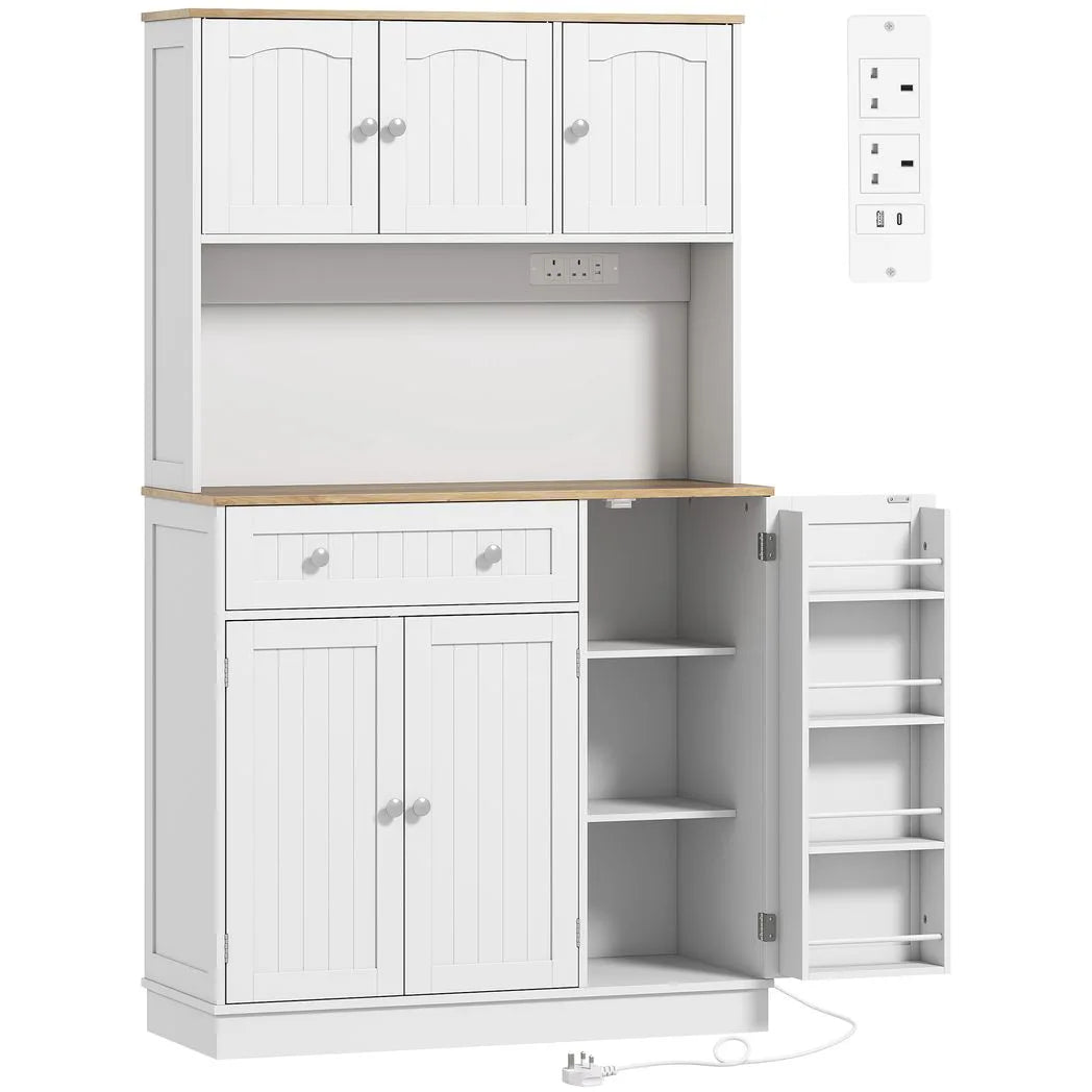 HOMCOM 173 cm Tall Kitchen Cupboard with Charging Station, Adjustable Shelves and 4 Door Racks – Pantry Storage Cabinet