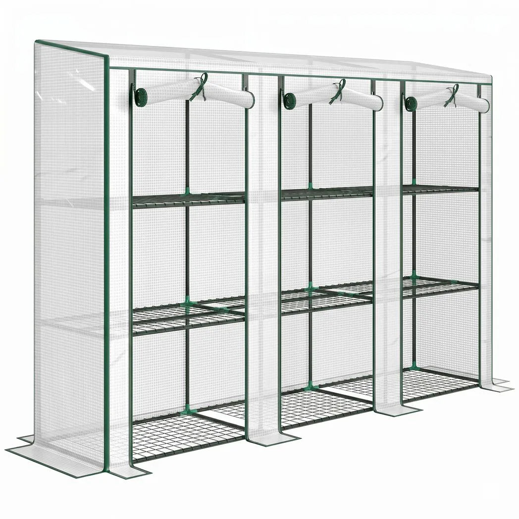 Outsunny Nine-Shelf Greenhouse with 3 Roll-Up Doors, Steel Frame & PE Cover – 46 x 215cm Portable Plant Shelf