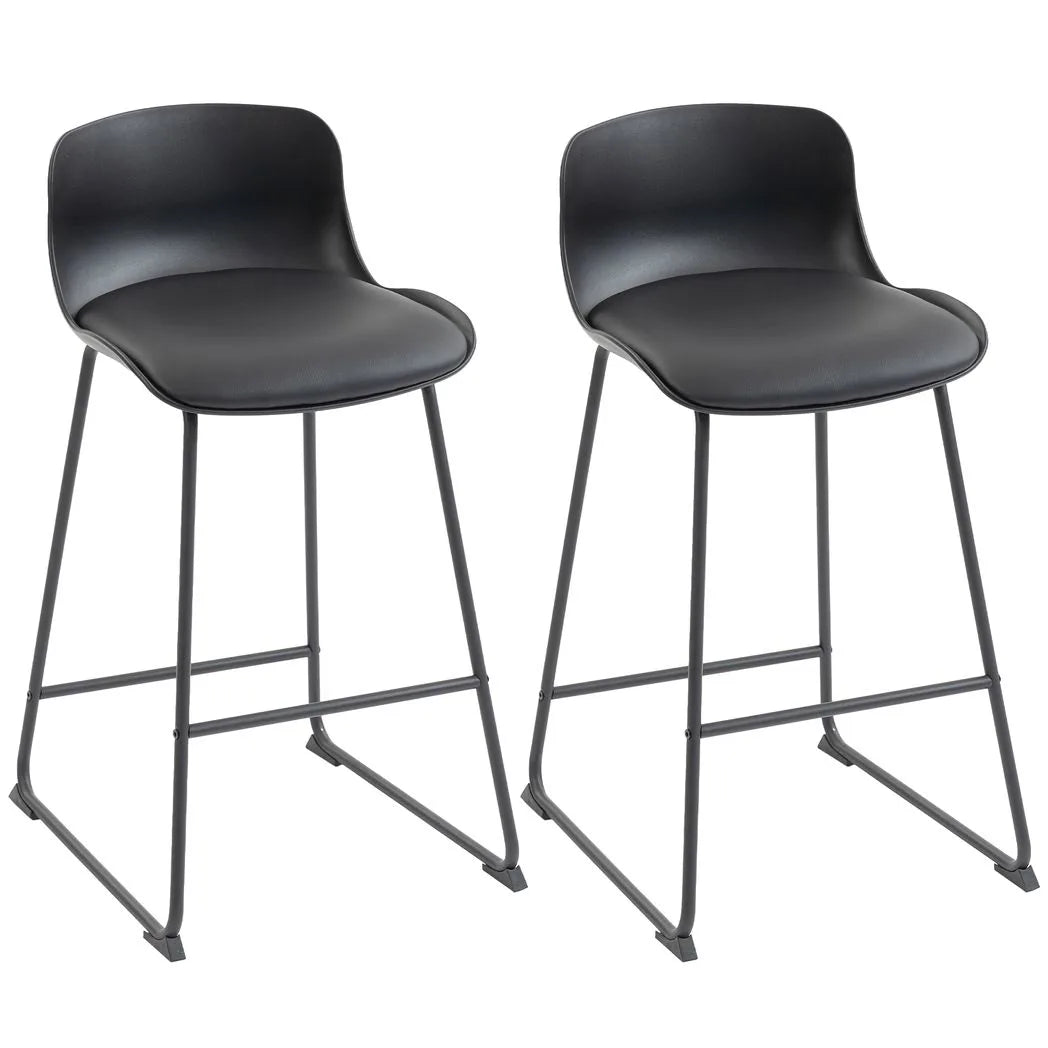 HOMCOM Set of 2 Modern PU Leather Bar Stools with Metal Frame & Footrest – Breakfast Bar Kitchen Chairs, Black