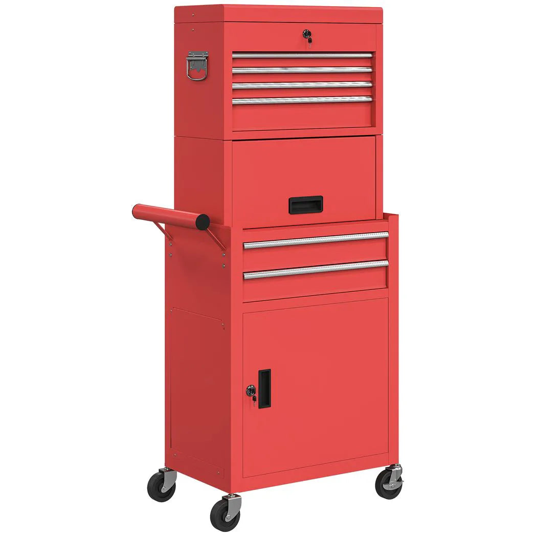 HOMCOM Three-Part Steel Locking Tool Chest with Wheels, 6 Drawers and Side Pegboard – Garage Storage, Red