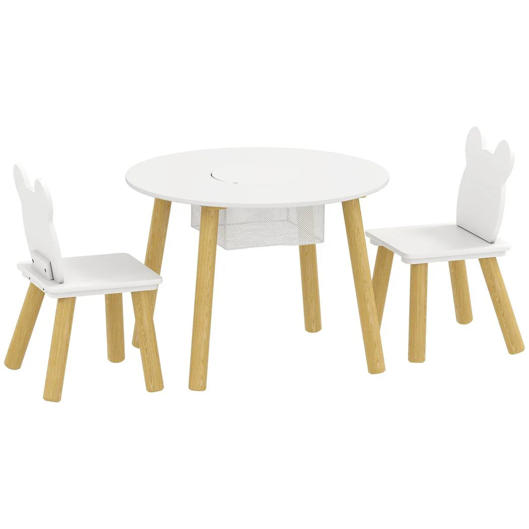 AIYAPLAY 3-Piece Kids Activity Table and Chairs Set with Storage Mesh Bag, Bear Backrests – White