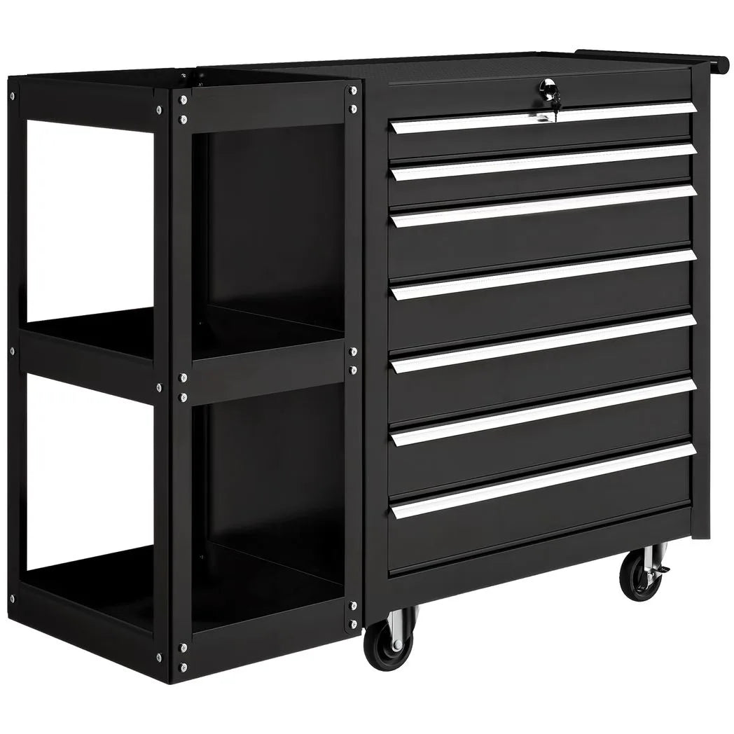 HOMCOM Lockable Steel Tool Chest on Wheels with 7 Drawers and Detachable Shelf – Rolling Workshop Storage, Black