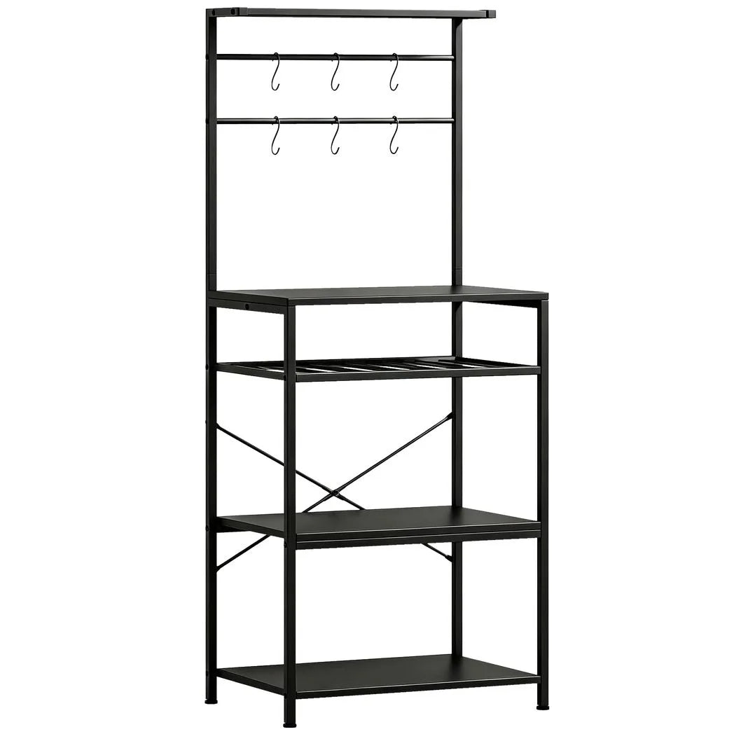 HOMCOM Freestanding Industrial Shelving Unit with 6 Hooks and Wine Rack – Living Room, Home Office Storage, Black