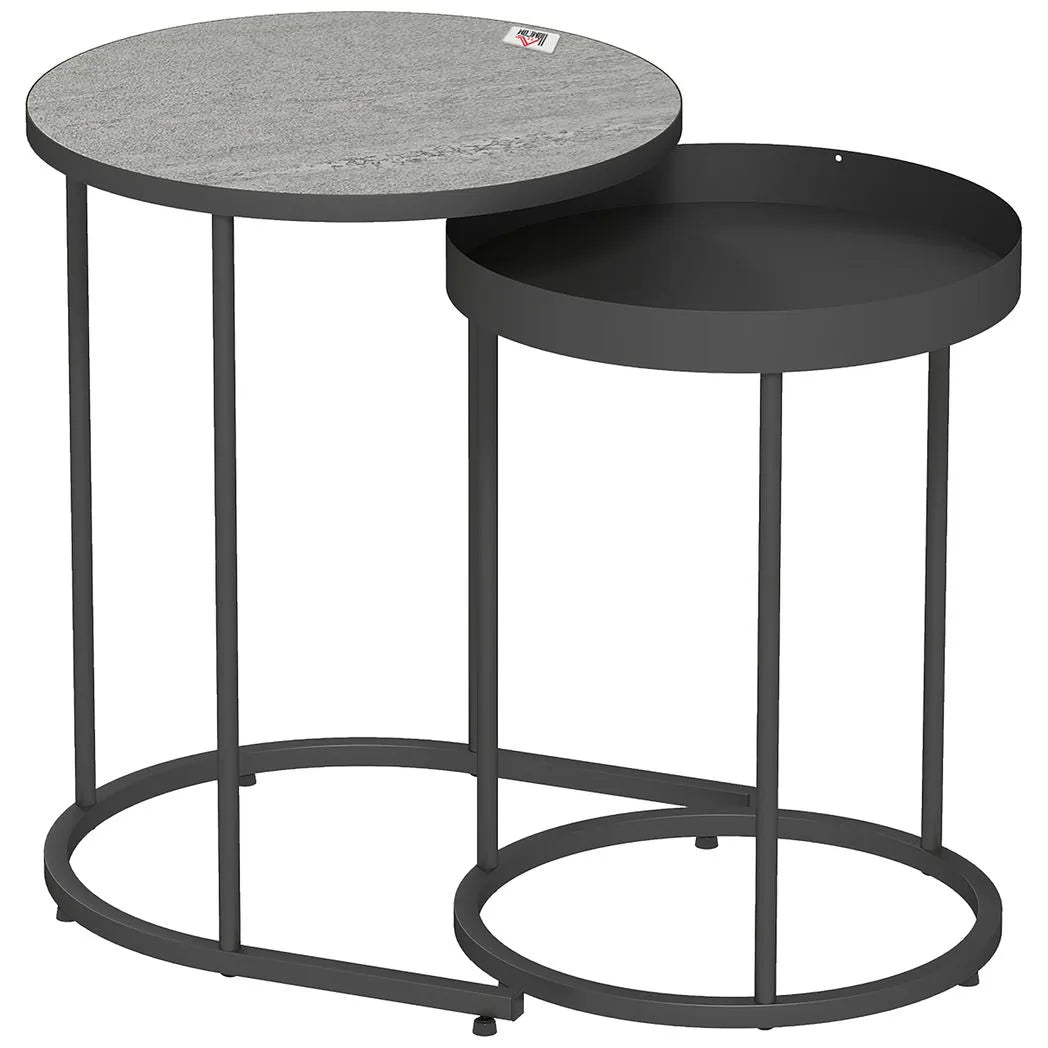 HOMCOM Set of Two Industrial Round Nesting Tables with Metal Frames – Coffee and Side Tables, Grey