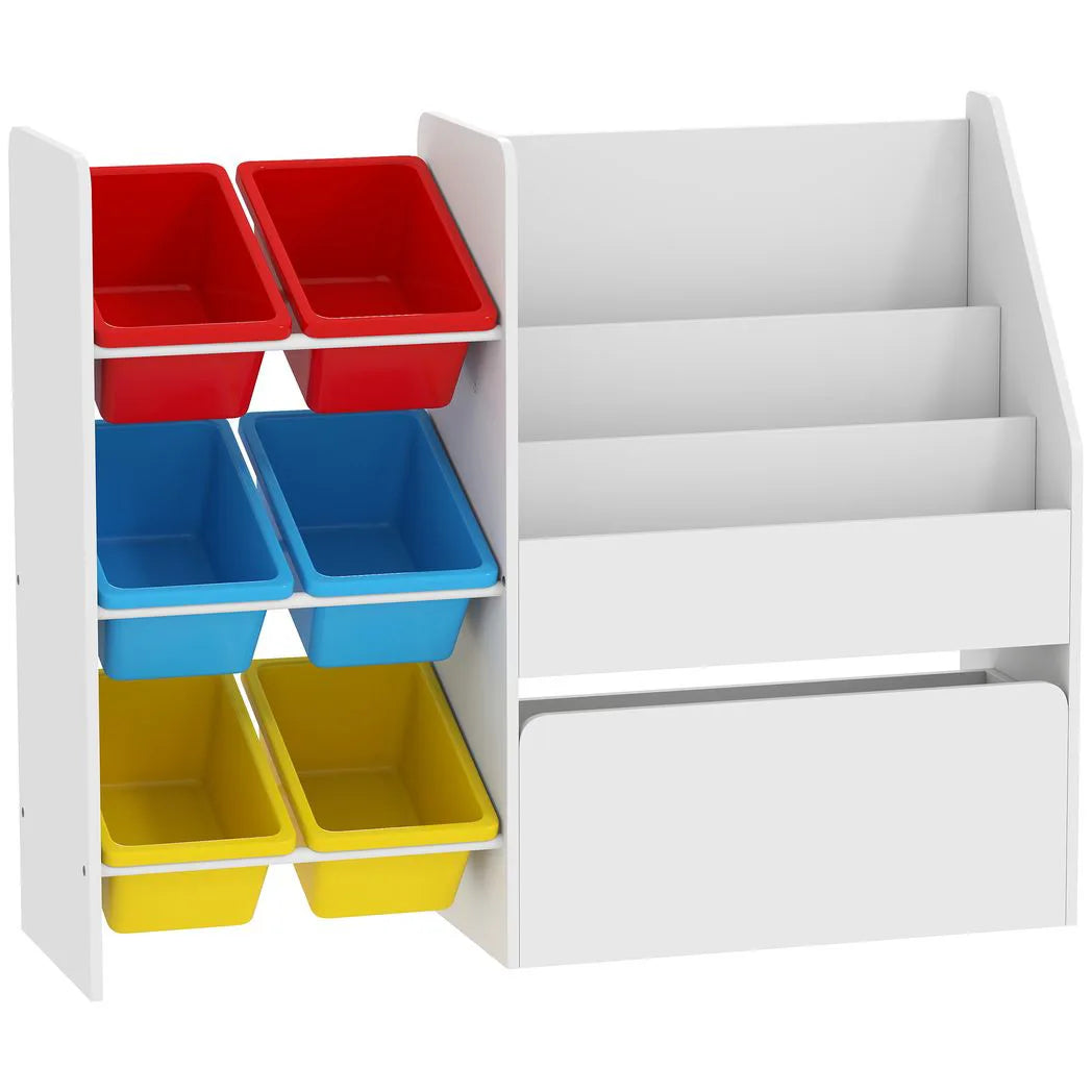 AIYAPLAY 3-Tier Kids Bookshelf & Toy Organiser with 6 Bins and Rolling Toy Box – Multicoloured