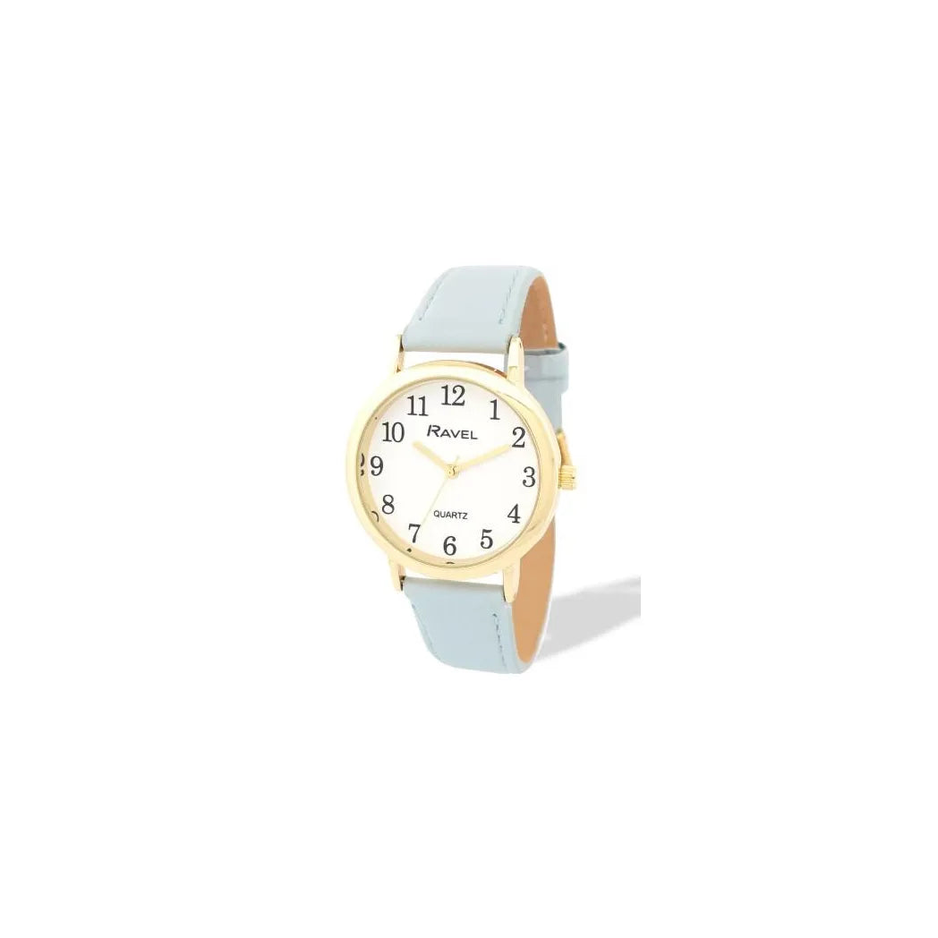 Ravel Ladies Gold-Tone Watch with White Dial and Light Blue Faux Leather Strap