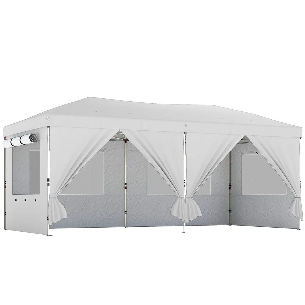 Outsunny 3 x 6 m Pop Up Gazebo with 6 Sidewalls – UV50 Garden Party Tent with Mesh Windows & Wheeled Bag, White
