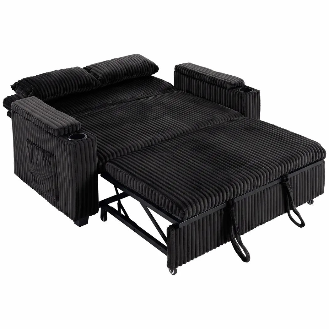 HOMCOM 2 Seater Sofa Bed with 5-Position Backrest, Storage Armrest and Cup Holders – Corduroy Sleeper, Black