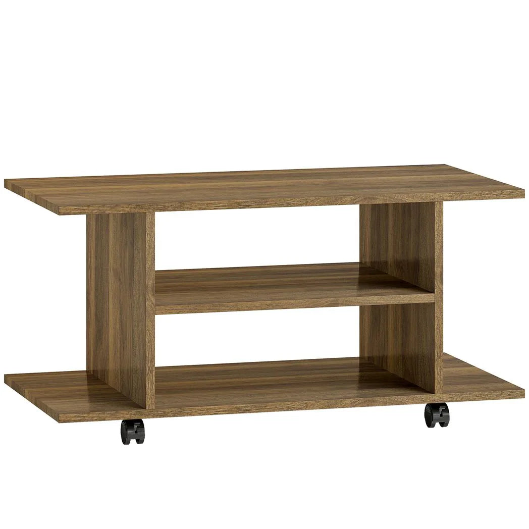 HOMCOM Modern Mobile TV Cabinet with Storage Shelves and 4 Casters, Bedroom Bookcase Unit – Walnut