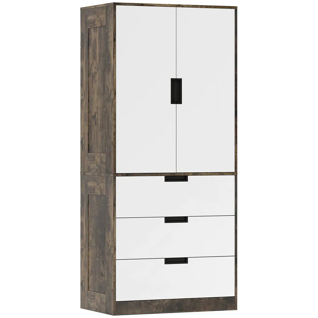 HOMCOM Wardrobe with 3 Drawers, 2 Soft-Close Doors & Hanging Rail – Space-Saving Storage, Rustic Brown