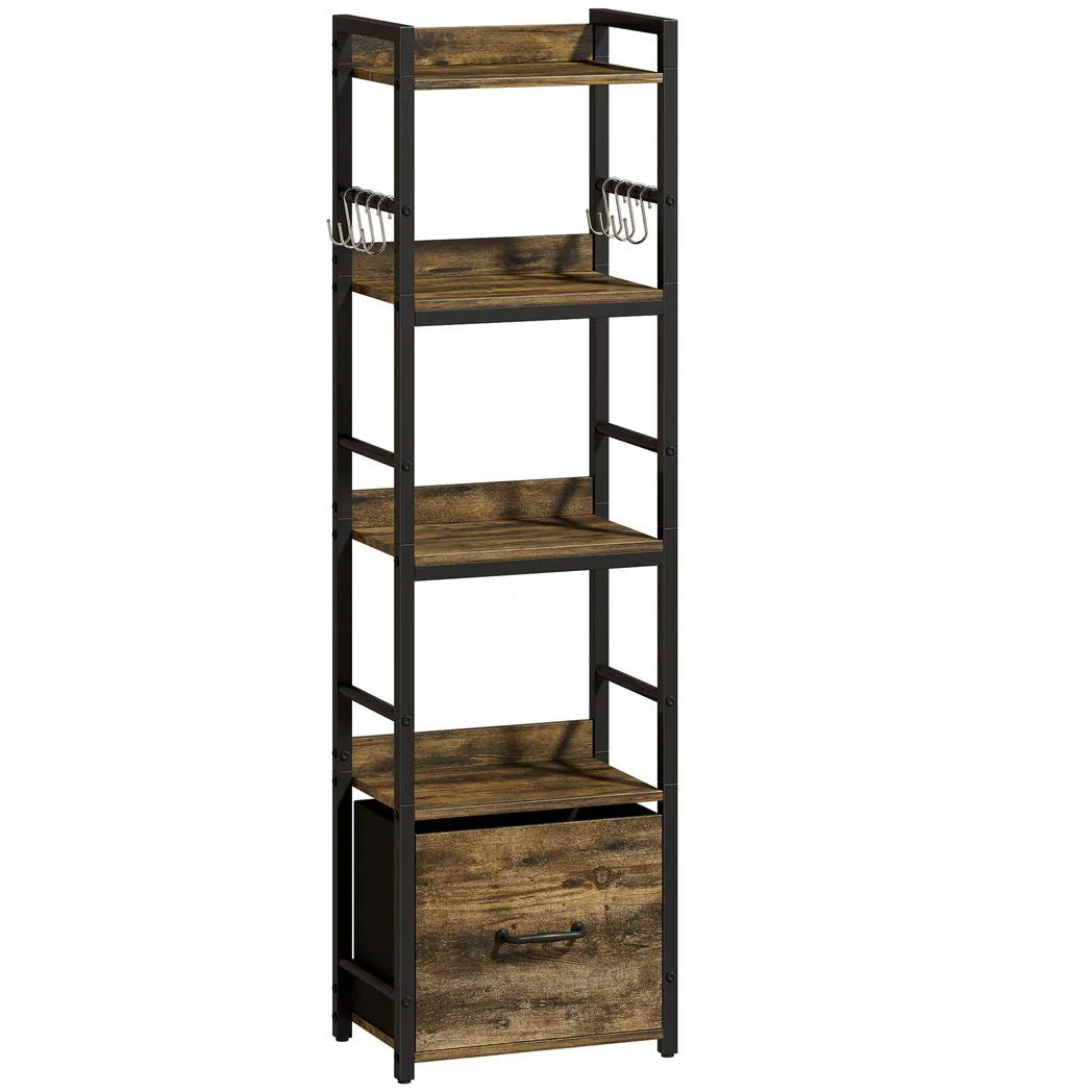HOMCOM 4-Tier Narrow Bookcase with Drawer, 8 Hooks & Anti-Tip Straps – Slim Storage Shelf, Rustic Brown
