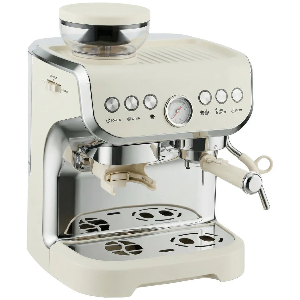 HOMCOM 15 Bar Espresso Coffee Machine with Adjustable Grinder, Steam Wand and Accessories – Cream White