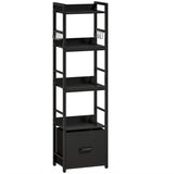 HOMCOM 4-Tier Narrow Bookshelf with Drawer, 8 Hooks and Metal Frame – Slim Bookcase, Black